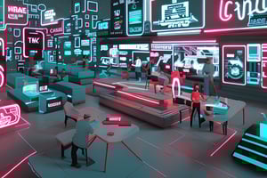 Abstract illustration of people in a futuristic public place shopping and walking